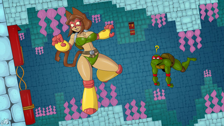 armor brown_body brown_fur clothing female fur gauntlets gauntlets_(weapon) gloves green_body handwear ninja_suit seaweed shaded_background stone_wall swimwear underwater video_game_reference wall_(structure) water stogiegoatarts gameoverse glitch_productions teenage_mutant_ninja_turtles kit_bodega raphael_(tmnt) domestic_cat felid feline felis mammal reptile scalie turtle 16:9 digital_drawing_(artwork) digital_media_(artwork) hi_res widescreen