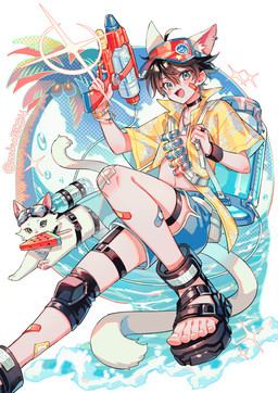 5_fingers 5_toes band-aid bandage biped clothed clothing duo feet feral fingers food fruit fur hair human_and_animal_ears male melon multi_ear plant quadruped tail toes toy toy_gun water_gun watermelon watermelon_slice white_body white_fur young young_humanoid young_male zaku6584 animal_humanoid cat_humanoid domestic_cat felid felid_humanoid feline feline_humanoid felis humanoid mammal mammal_humanoid tailed_humanoid absurd_res hi_res