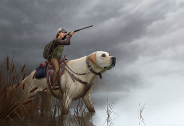 duo female feral hunting mount reins rider riding riding_on_back saddle water dane_cozens canid canine canis domestic_dog human hunting_dog mammal hi_res