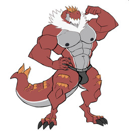 abs anthro anthrofied biped bulge claws clothed clothing flexing front_view male manly mature_male muscular muscular_anthro muscular_male nipples non-mammal_nipples pecs pokemorph red_body simple_background solo standing topless underwear underwear_only white_background darknaigart nintendo pokemon dinosaur fossil_pokemon generation_6_pokemon pokemon_(species) prehistoric_species reptile scalie tyrantrum absurd_res digital_media_(artwork) flat_colors full-length_portrait hi_res portrait