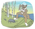 4_fingers 4_toes american_mythology anthro arm_tuft aspen_tree bent_legs biceps biped black_nose blue_sky brown_eyebrows canid canine canis casual_nudity cheek_tuft chest_tuft colored coyote coyote_(native_american_mythology) coyote_stories curling_tail digital_drawing_(artwork) digital_media_(artwork) ears_outwards eye_socket eyebrows eyeless facial_tuft featureless_crotch feet field fingers fist flat_colors flexible flexing flexing_bicep flexing_biceps flexing_both_biceps flexing_muscles fluffy fluffy_tail forest forest_background fur gloves_(marking) gradient_sky grass grey_body grey_fur hill humanoid_feet humanoid_hands humanoid_heel illustration indigenous_north_american_mythology knees_bent leg_markings male mammal markings molly_trainor mountain multicolored_body multicolored_fur mythology natural nature nature_background north_american_mythology nude nude_anthro on_grass one_eye_half-closed outdoor_nudity outside pivoted_ears plant plantigrade presenting proud public_domain rock shaded shoulder_tuft showing_off_muscles sky smug smug_expression smug_eyes smug_face smug_grin socks_(marking) solo standing story_at_source tail three-quarter_view toes tree tuft two_tone_body two_tone_fur vein veiny_arms veiny_muscles white_body white_chest white_feet white_fur white_hands yellow_sky