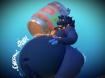 anthro antlers barrel bell belly big_belly big_butt blue_body butt eggnog holding_object horn huge_belly male onomatopoeia open_mouth overweight rumbling_stomach simple_background smile smiling_at_viewer solo sound_effects text thick_thighs yellow_eyes awoogasm ebony_(awoogasm) deer mammal new_world_deer reindeer 3d_(artwork) digital_media_(artwork) hi_res