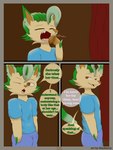 3:4 absurd_res anthro canid canine clothed clothing comic dialogue digital_drawing_(artwork) digital_media_(artwork) eeveelution english_text flamberry_(artist) fur generation_1_pokemon generation_4_pokemon hi_res ibispaint_(artwork) leaf leaf_tail leafeon lyennan_venizee_flare_(flamberry) male mammal nintendo one_eye_closed open_mouth pokemon pokemon_(species) simple_background smile smiling_at_each_other solo tail teeth text tongue yawn