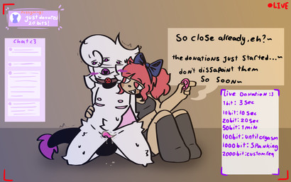 anthro ball_gag bdsm blush bodily_fluids bondage bound bra camshow chat clitoral clothed clothing controller dominant dominant_female donation_alert donation_drive donation_message duo edging female gag gagged genital_fluids hair human_on_anthro interspecies legwear livestream male male/female mastectomy_scar penetration pink_hair remote_control scar sex_toy sex_toy_in_vagina sex_toy_insertion sports_bra submissive submissive_male sweat tail teasing teasing_partner thigh_highs toy underwear vaginal vaginal_fluids vaginal_penetration vibrator vibrator_controller vibrator_in_vagina princeguts mr.smiles_(princeguts) cyclops human mammal trans_(lore)