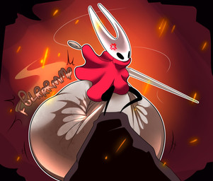 anthro big_diaper cloak clothing cross-popping_vein crouching diaper feces female melee_weapon onomatopoeia pooping pose soiled_diaper soiling soiling_diaper solo sound_effects stink_fumes stink_lines sword text unclean_diaper used_diaper weapon chocomintshake hollow_knight:_silksong hollow_knight_(franchise) team_cherry hornet_(hollow_knight) arthropod 2025 hi_res