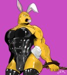 anthro big_ears bulge bunny_costume clothing costume leggings legwear male muscular muscular_male pecs pose simple_background solo tail tail_tuft tuft weapon epicbassface marvel beta_ray_bill alien korbinite hi_res pinup