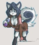 anthro arm_support beverage black_nose blue_eyes breasts chest_tuft cleavage clothed clothing container cup curled_tail down_blouse drinking eyebrow_through_hair eyebrows female fur grey_background grey_body grey_fur grey_hair hair hair_over_eyes holding_container holding_cup holding_object leaning leaning_forward leg_tuft legwear looking_aside short_hair simple_background solo tail text thigh_highs topwear translucent translucent_hair tuft white_body white_fur tinygaypirate suvi_(tinygaypirate) canid canine canis domestic_dog husky mammal nordic_sled_dog spitz hi_res