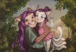 anthro blue_eyes blush carrying_another clothing duo female grin hair long_hair looking_at_viewer multi_tail purple_hair raised_hand smile tail tied_hair toddler uncanny_valley young marcie_montis unnamed_character animal_humanoid felid felid_humanoid feline feline_humanoid humanoid mammal mammal_humanoid 2020 absurd_res hi_res