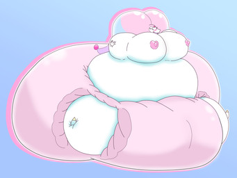 belly big_belly big_breasts breasts diaper exposed_breasts eyes_closed female huge_belly huge_breasts hyper hyper_belly hyper_breasts inflation jester morbidly_obese nipples obese overweight pink_diaper pink_nipples pointy_nose solo white_body t_m_f_w humanoid absurd_res hi_res