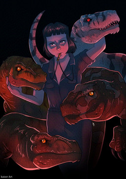 black_background blue_eyes clothed clothing creepy dead_eyes female feral freckled_face freckles group hair open_mouth red_eyes rolled_up_sleeves scales sharp_teeth simple_background size_difference striped_body stripes teeth trainer whistle_(object) whistle_around_neck whistle_in_mouth kaizer_art54 jurassic_park jurassic_world universal_studios atrociraptor_handler ghost_(jurassic_world_dominion) panthera_(jurassic_world) red_(jurassic_world) tiger_(atrociraptor) atrociraptor dinosaur dromaeosaurid human mammal prehistoric_species reptile scalie theropod absurd_res hi_res