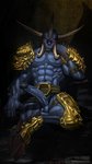 5_fingers abs armor balls big_penis blue_body bodily_fluids cloven_hooves erection fingers genital_fluids genitals glowing glowing_eyes hooves horn humanoid_genitalia humanoid_penis looking_at_viewer male mostly_nude muscular muscular_humanoid muscular_male nipples not_furry pecs penis precum red_eyes sitting solo tusks vein todex blizzard_entertainment diablo_2 izual demon humanoid 2017 hi_res watermark