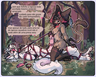 bdsm bicolored_fur bondage bound brown_body dialogue dominant dominant_female duo female forest hair male male/female multicolored_hair plant prii_(kimehrah) restraints rope rope_bondage rope_harness size_difference smaller_female speech_bubble submissive submissive_male text tree tribal two_tone_hair white_body snowfoxy66 snow_(snowfoxy66) canid canine domestic_cat felid feline felis fox humanoid mammal portuguese_text translated
