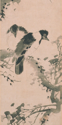 ambiguous_feral ambiguous_gender avian_feet beak biped bipedal_feral branch cjk_character duo feathered_wings feathers feral leaf on_branch simple_background standing tail tail_feathers wings lin_liang avian bird corvid jackdaw oscine passerine 15th_century absurd_res ancient_art hi_res long_image monochrome painting_(artwork) tall_image traditional_media_(artwork) traditional_painting_(artwork)