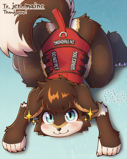 5_fingers anthro biped blush blush_lines brown_body brown_fur fingers floppy_ears fur kemono male service_dog_harness solo tail text acky05 canid canine canis domestic_dog mammal 4:5 english_text hi_res