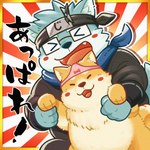 anthro black_nose blue_body blue_fur blush brown_body brown_fur clothed clothing duo eyes_closed eyewear feral fur glasses humanoid_hands kemono male ninja text underwear underwear_on_head warrior hinami canid canine canis domestic_dog mammal 1:1 2021 japanese_text