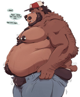anthro areola armpit_hair barazoku barbell_piercing beard belly big_belly big_bulge big_butt bodily_fluids body_hair bottomwear brown_body brown_fur bulge butt chest_hair clothed clothing denim denim_bottomwear denim_clothing facial_hair facial_piercing fur hair hairy hairy_nipples happy_trail jeans male motion_lines musclegut muscular muscular_male mustache nipple_barbell nipple_dip nipple_piercing nipples nose_piercing nose_ring obese obese_anthro obese_male overweight overweight_anthro overweight_male pants piercing pulling_up_pants ring_piercing short_tail side_view simple_background solo stretch_marks sweat tail talking_to_self tight_bottomwear tight_clothing tight_pants topless tuft white_background bearafterall tight_pants_(meme) hugo_(bearafterall) bear mammal 2023 hi_res meme portrait three-quarter_portrait
