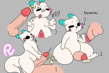 anthro bestiality black_eyes blue_ears bodily_fluids confusion cum cum_on_face disembodied_penis distressed duo feral flower genital_fluids genitals grey_background human_on_feral humanoid_genitalia humanoid_penis interspecies male male/male nude penile penis pink_flowers plant sex simple_background tail text white_body passey_voppy rain_world videocult passey human mammal slugcat 3:2 digital_media_(artwork)