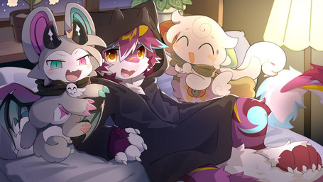 ^_^ anthro bed bedroom black_clothing black_hoodie black_topwear chibi clothing eyes_closed fur furniture furniture_lamp green_eyes group happy_ending heterochromia hoodie inside kemono looking_at_viewer lying lying_on_bed male on_back on_bed open_mouth open_smile purple_body purple_eyes purple_fur smile smiling_at_viewer topwear trio white_body white_fur yellow_eyes hlg7777 devil_connection makemon mythology devilun_(makemon) kupyadel_(makemon) demon domestic_cat dragon felid feline felis furred_dragon furred_scalie mammal mouse murid murine mythological_creature mythological_scalie rodent scalie 2026 cel_shading character_request digital_drawing_(artwork) digital_media_(artwork) shaded soft_shading wallpaper