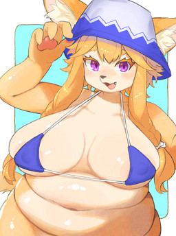 4_fingers anthro areola areola_slip belly belly_rolls big_breasts bikini blonde_eyelashes blonde_hair blue_background blue_bikini blue_clothing blue_swimwear blush breasts bucket_hat clothing eyelashes female fingers front_view fur hair hat headgear headwear holding_clothing holding_hat holding_headgear holding_headwear holding_object kemono long_hair looking_at_viewer navel one_fang open_mouth open_smile overweight overweight_anthro overweight_female pawpads purple_eyes simple_background smile solo swimwear tan_body tan_fur triangle_bikini two-piece_swimsuit yellow_body yellow_fur havilaladlf canid canine fox mammal 2024 alternate_version_at_paywall digital_media_(artwork) half-length_portrait hi_res portrait