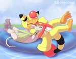 ambiguous_gender anthro duo eyes_closed feet hindpaw male male/male outside paws soles rodricoro nintendo pokemon space_dandy amphy meow_(space_dandy) ampharos betelgeusian generation_2_pokemon generation_5_pokemon mammal pokemon_(species) scraggy