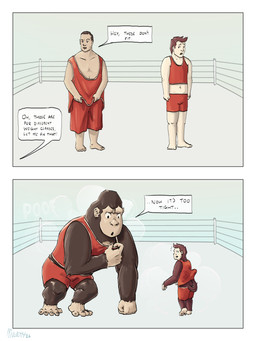 after_transformation auburn_fur boxing_attire brown_body brown_fur clothing dialogue duo feet feral fighting_ring forced forced_transformation fur ill-fitting_clothing male offscreen_character oversized_clothing poof_transformation prehensile_feet prehensile_tail shocked size_difference species_transformation tail text tight_clothing toes transformation mulveyyy ape gorilla haplorhine human mammal monkey primate 3:4 absurd_res comic english_text hi_res