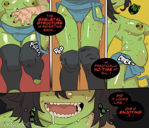 areola barbell_piercing belly black_hair bodily_fluids breasts drooling female female_humanoid freckled_belly freckled_breasts freckled_face freckled_legs freckled_shoulders freckled_thighs freckles glistening glistening_body glistening_skin green_body green_skin hair heart_symbol medium_breasts navel nipple_barbell nipple_piercing nipples piercing saliva sharp_teeth short_hair solo teeth text transformation knuxy zoey_(knuxy) goblin humanoid comic english_text