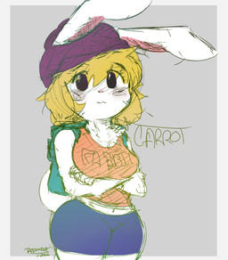 anthro backpack blonde_hair blush border bottomwear breasts clothed clothing crossed_arms female hair hat headgear headwear looking_at_viewer midriff navel shirt shorts solo tank_top text topwear white_border wide_hips tacdoodles one_piece carrot_(one_piece) lagomorph leporid mammal minkmen_(one_piece) rabbit 2016 english_text
