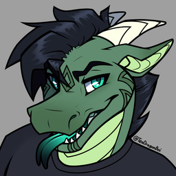 anthro black_eyebrows black_hair clothed clothing eyebrows forked_tongue green_body grey_background hair horn looking_at_viewer male open_mouth sharp_teeth shirt simple_background solo teal_eyes teal_tongue teeth tongue tongue_out topwear white_horn greenteadragonboi mythology dragon mythological_creature mythological_scalie scalie 1:1 portrait