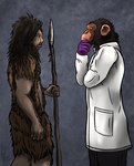 anthro antiquatember clothing coat confusion duo examination_gloves gloves hairy_face handwear lab_coat male melee_weapon polearm primitive prompt science spear time_period topwear weapon yenocwolf secrets_of_uncrom uncrom ape archaic_human chimpanzee haplorhine hominin julies mammal neanderthal pan_(genus) primate absurd_res hi_res