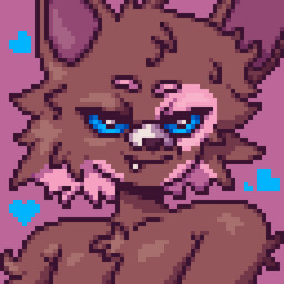 animated_gif anthro blinking blue_eyes brown_body dialogue hair heart_symbol male pink_hair solo teeth ally_cream canid canine mammal 1:1 animated bust_portrait digital_media_(artwork) pixel_(artwork) pixel_animation portrait short_playtime