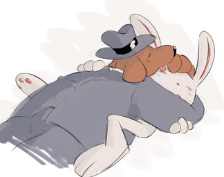 affectionate anthro brown_body brown_fur clothed clothing duo eyes_closed fur grey_clothing grey_suit hat headgear headwear hug long_ears love male male/male nude size_difference slight_blush suit tongue tongue_out white_body white_fur vestigialbones sam_and_max max_(sam_and_max) samuel_dog canid canine canis domestic_dog lagomorph leporid mammal rabbit hi_res