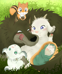 family feral group interspecies love male male/male predator/prey uivonocturno one_stormy_night gabu mei_(one_stormy_night) bovid canid canine canis caprine goat hybrid mammal rodent sciurid tree_squirrel wolf absurd_res hi_res