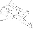 anthro asian_clothing barefoot beard bulge clothed clothing east_asian_clothing facial_hair feet fundoshi japanese_clothing male muscular muscular_anthro muscular_male pillow simple_background sitting solo topless underwear white_background thegreatmatsutzu iozen mammal suid suina sus_(pig) wild_boar black_and_white monochrome sketch