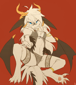 anthro blue_eyes breasts clothing female fur genitals hair horn paws simple_background solo vulva white_body white_fur white_hair kluclew hi_res
