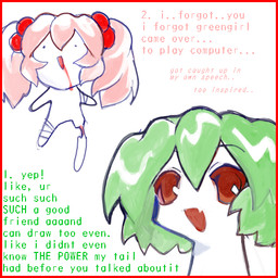 2000s_anime_style accessory anime_style blood blood_from_mouth blood_in_mouth bloodshot_eyes bodily_fluids border chibi duo eyebrow_through_hair eyebrows female green_hair hair hair_accessory not_furry pink_hair red_border red_eyes simple_background smile text translucent translucent_hair white_body white_skin yogurt200 8eyes rgb_paw greengirl_(8eyes) infectiongirl_(8eyes) girl_(8eyes) human humanoid mammal 1:1 digital_media_(artwork) english_text low_res official_art