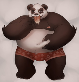 anthro belly black_body black_fur bodily_fluids bulge clothing drooling fur humanoid_hands male navel nipples overweight overweight_anthro overweight_male saliva solo tongue tongue_out underwear white_body white_fur ijdraws bear giant_panda mammal 2015 hi_res