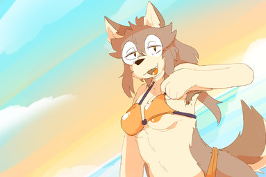 advertisement anthro armpit_hair beach bikini bikini_lift bikini_thong bikini_top body_hair brown_body brown_fur brown_hair clothing cloud eyewear fangs female fur glasses hair looking_at_viewer nipples orange_eyes sea solo sunset swimwear tan_body tan_fur teeth two-piece_swimsuit water catjamn karina_(catjamn) canid canine mammal hi_res sketch