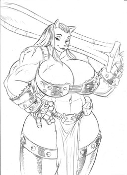 abs anthro armor biceps big_breasts bottomwear breast_scar breasts clothed clothing female gauntlets gloves hand_on_hip handwear huge_breasts legwear loincloth looking_at_viewer melee_weapon midriff muscular muscular_female scar skimpy solo spiked_gloves spikes studs sword thick_thighs thigh_highs weapon chochi mammal 2023 absurd_res black_and_white graphite_(artwork) hi_res monochrome sketch traditional_media_(artwork)