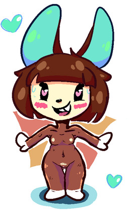 anthro blush bodily_fluids breasts chibi female heart_eyes heart_symbol small_breasts solo sweat tongue tongue_out wide_hips argylesockx animal_crossing nintendo carmen_(animal_crossing) lagomorph leporid mammal rabbit