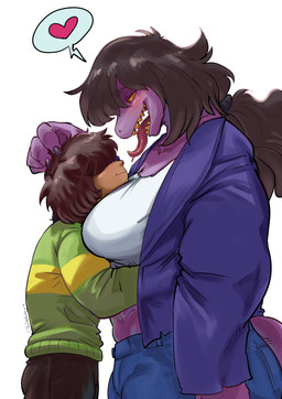 abs anthro big_breasts blush blush_lines bodily_fluids breasts brown_hair drooling eye_contact female freckled_face freckles hair hair_over_eyes holidays hug larger_female long_hair long_tongue looking_at_another male midriff saliva short_hair size_difference smaller_male smile tongue thedarkzircon deltarune undertale_(series) valentine's_day kris_dreemurr susie_(deltarune) human lizard mammal reptile scalie absurd_res hi_res