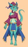 anthro barefoot belt blue_body blue_scales bottomwear breasts clothing exposed_shoulder feet female gem gold_trim hat headgear headwear horn large_sleeves magic_user medieval_fantasy midriff oversized_clothing scales skirt solo tail meelsyse azura_(golddrake) kobold absurd_res hi_res