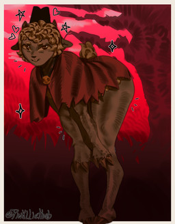 anthro bell bell_collar bending clothing collar crown fur grass headgear horn looking_at_viewer male outside plant shirt solo tail thick_thighs topwear tree tunic wool_(fur) pinkurii cult_of_the_lamb massive_monster_(studio) lamb_(cult_of_the_lamb) bovid caprine mammal ruminant sheep absurd_res hi_res