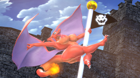 accessory anthro barely_visible_genitalia barely_visible_vulva big_breasts bowser_logo breasts claws dancing female fire flag flaming_tail furgonomics genitals goal_pole_(mario) huge_breasts jewelry membrane_(anatomy) membranous_wings nipples pole pole_between_legs pole_dancing pose ring smile solo tail tail_accessory tail_jewelry tail_ring thick_thighs tongue vulva wings tigura mario_bros mythology nintendo pokemon charizard dragon generation_1_pokemon mythological_creature mythological_scalie pokemon_(species) scalie 16:9 3d_(artwork) crossover digital_media_(artwork) source_filmmaker_(artwork) widescreen