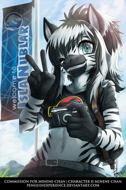 anthro black_bottomwear black_clothing black_hair black_markings black_topwear blue_eyes bottomwear camera clothed clothing cloud facial_markings female flag front_view gesture gloves_(marking) grin hair hand_gesture head_markings holding_camera holding_object looking_at_viewer markings multicolored_hair navel one_eye_closed outside sky smile solo standing striped_arms striped_face striped_neck stripes text topwear two_tone_hair v_sign white_body white_hair penguinexperience zebuki equid equine mammal zebra 2:3 english_text half-length_portrait hi_res portrait signature url