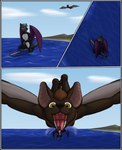 anthro black_border border female hunting macro male micro open_mouth sea surf surfing vore water wetsuit madaraoluv2 narrsvans bat canid canine canis mammal wolf comic hi_res