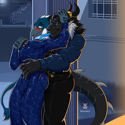 5_fingers anthro arm_markings beak beak_markings biped black_body black_bottomwear black_clothing black_eyebrows black_hair black_pants black_sclera black_tail blue_clothing blue_dress blue_eyes blue_markings blue_shirt blue_tail blue_tongue blue_topwear bottomwear clothed clothing dress duo eyebrows fingers fully_clothed green_eyes hair hand_markings horn horn_jewelry hug jewelry long_tongue male markings neck_tuft outside pants red_markings romantic shirt simple_background spiked_tail spikes spikes_(anatomy) tail tail_tuft text tight_clothing tight_dress tongue tongue_out topwear tuft white_hair khayen mythology dragon gryph mythological_creature mythological_scalie scalie 1:1 2026 absurd_res artist_name colored digital_drawing_(artwork) digital_media_(artwork) english_text hi_res portrait shaded signature three-quarter_portrait