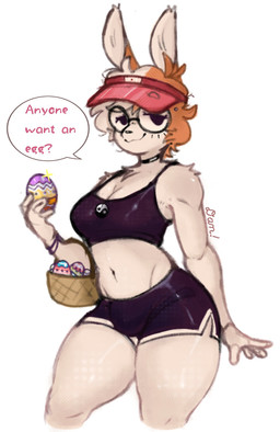 anthro arm_tuft basket basket_on_arm big_ears big_glasses black_bottomwear black_bra black_choker black_clothing black_eyes black_jewelry black_necklace black_shorts black_sports_bra black_underwear bottomwear bra breasts bulge button_nose choker clothing container dolphin_shorts easter_egg eyewear fur glasses gynomorph hair hat headgear headwear holidays intersex jewelry long_ears looking_at_viewer medium_breasts midriff monotone_body monotone_fur navel necklace orange_body orange_fur orange_hair red_clothing red_hat red_headwear round_glasses shorts shoulder_tuft simple_background simple_eyes solo sports_bra standing talking_to_viewer text thick_thighs tuft underwear visor_cap white_body white_bottomwear white_clothing white_fur white_shorts yin_yang basicsdan easter lagomorph leporid mammal rabbit digital_media_(artwork) english_text guide_lines hi_res portrait signature three-quarter_portrait