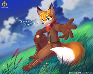 anthro belt clothing cloud compass eyewear flower glasses grass hill male plant scarf sky smile solo suit text jamesfoxbr senz james_fox canid canine fox mammal digital_media_(artwork) hi_res shaded url