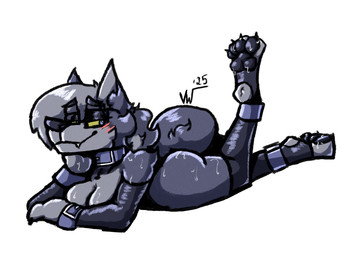 anthro arm_tuft arm_warmers armwear blue_eyes blush bodily_fluids bracelet breasts butt clothing collar eyewear facial_tuft fangs feet female glasses hair jewelry leggings legwear lying on_front orange_sclera pawpads paws periwinkle_fur pointy_ears purple_nose raised_leg shoulder_tuft simple_background smile solo sweat sweaty_butt sweaty_feet sweaty_paws tail teeth tuft white_background thewolfever mythology whitney_werewolf canid canine mammal mythological_canine mythological_creature werecanid werecanine werecreature werewolf 2025 digital_drawing_(artwork) digital_media_(artwork) hi_res