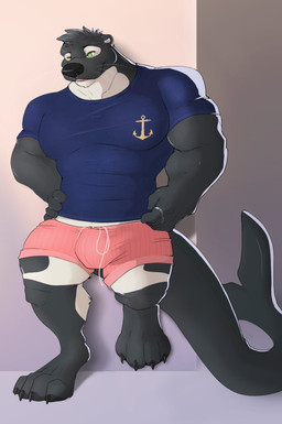 4_toes 5_fingers against_surface against_wall anthro biceps big_feet big_muscles biped black_claws black_nose blue_clothing blue_shirt blue_t-shirt blue_topwear bulge claws clothing digitigrade feet finger_claws fingers fur green_eyes humanoid_hands male multicolored_body multicolored_fur muscular muscular_anthro muscular_male paws pecs pink_clothing pink_underwear ring shirt simple_background smile solo standing t-shirt tail toe_claws toes topwear underwear mosin aquatic cetacean dolphin hybrid mammal mustelid oceanic_dolphin orca otter toothed_whale 2019 digital_drawing_(artwork) digital_media_(artwork) hi_res